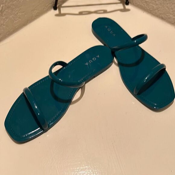Aqua Women's Size 8 Jelly Flat Slide Sandals Teal Blue Double Strap Square Toe - Picture 2 of 9